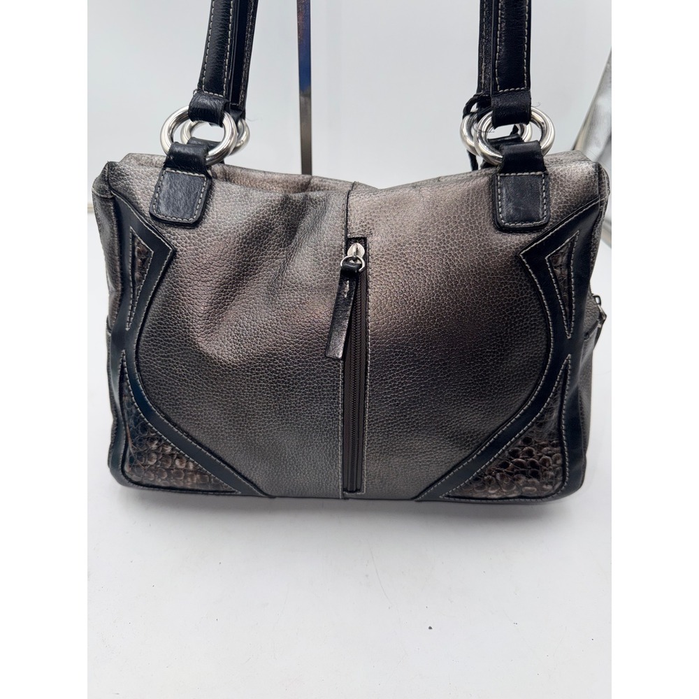 Sharif Studio Metallic Pewter Leather Shoulder Bag Black Trim Lime Green Lining - Picture 5 of 10